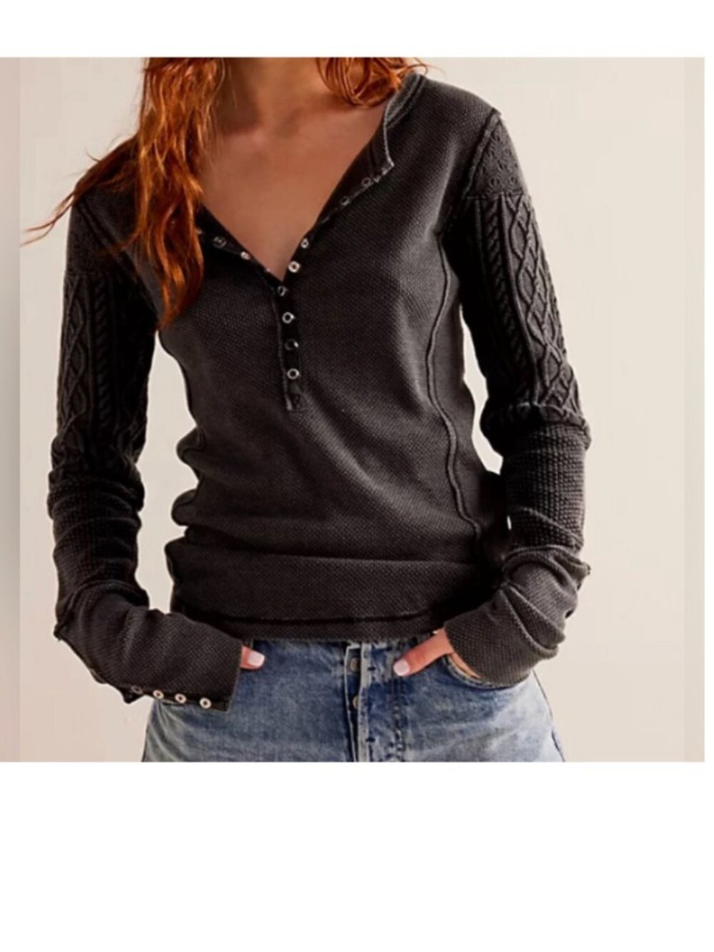 Free People We The Free Gray Twisted Cable Cuff Henley Waffle Top S Boho Y2K